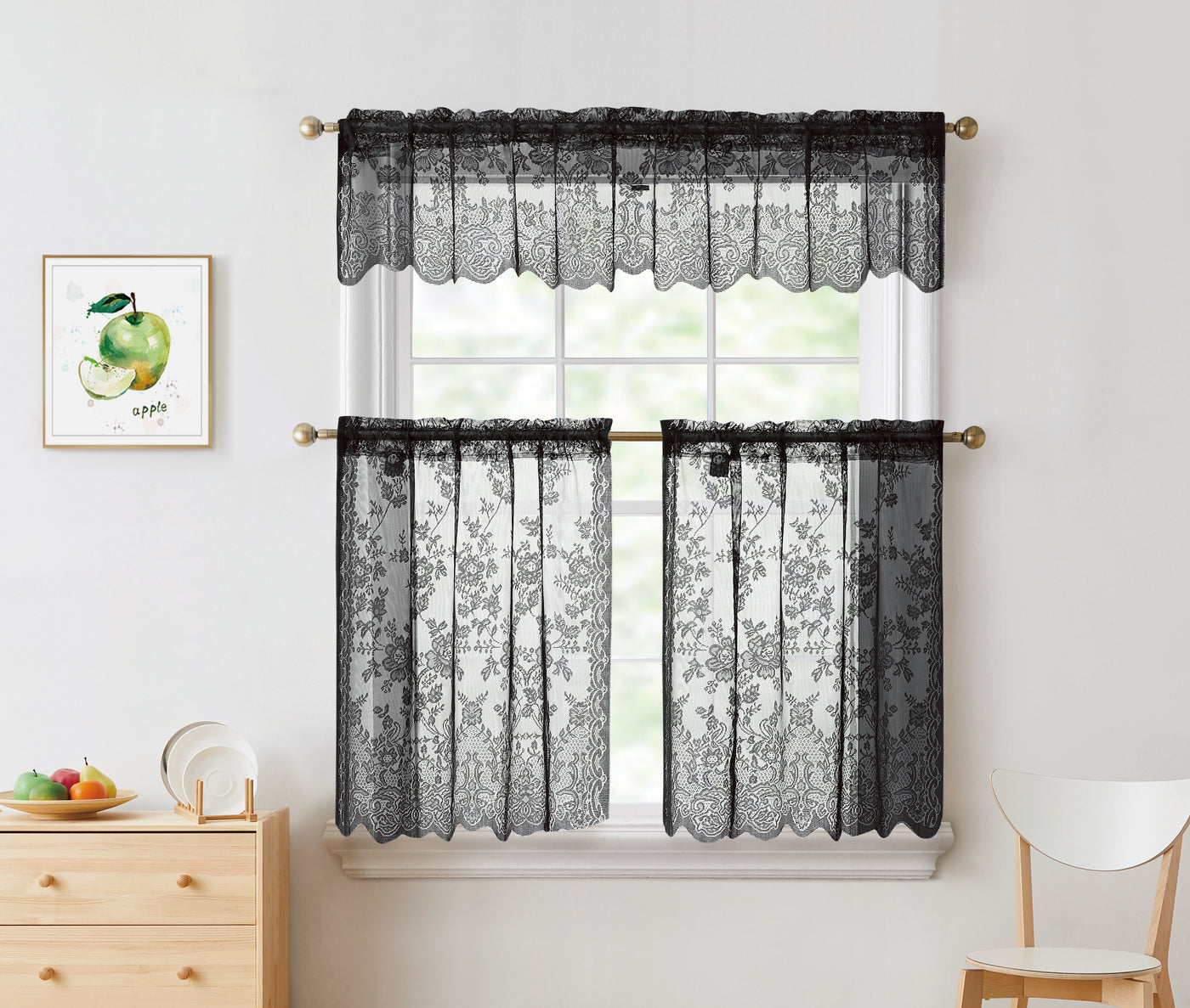 3pc Alison Sheer Flower Floral Lace Rod Pocket Curtain Panel Window Treatment Set | Jenin Home Furnishing.