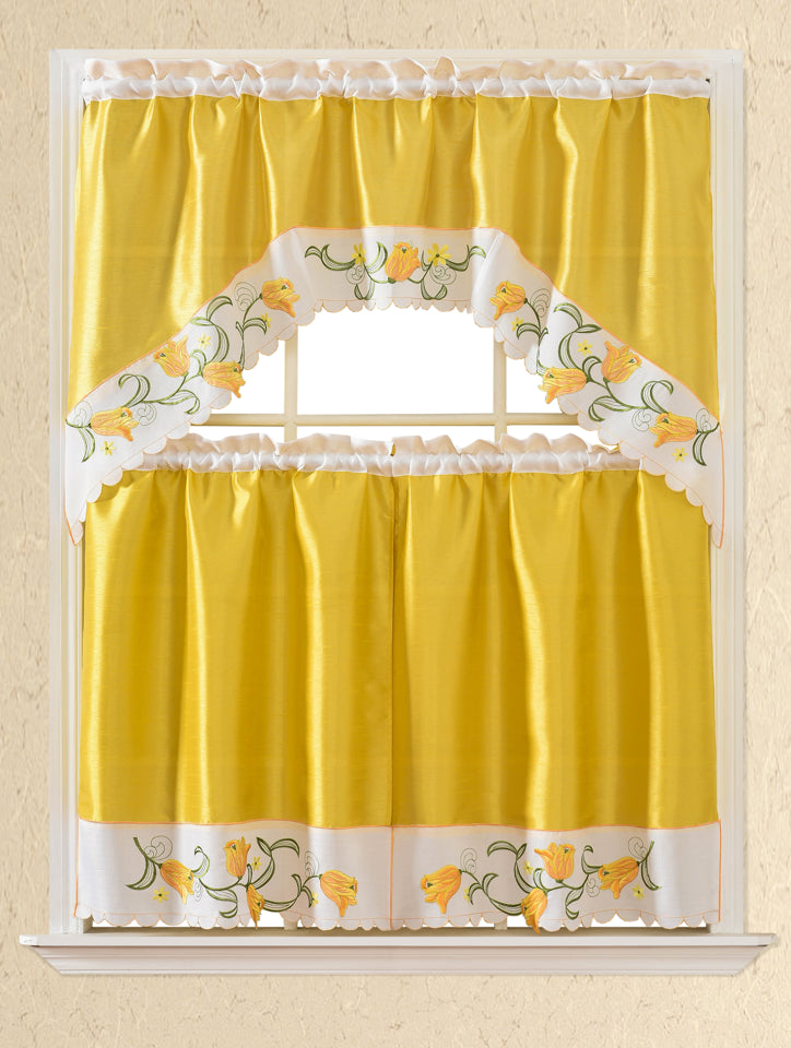 3pc Embroidered Rod Pocket Kitchen Curtain Light Filtering Tier and Valance