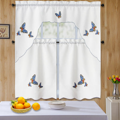 3pc Rod Pocket Embroidered Kitchen Curtain Set With Swag Valance Bathroom Window Curtains 36 Inch Length
