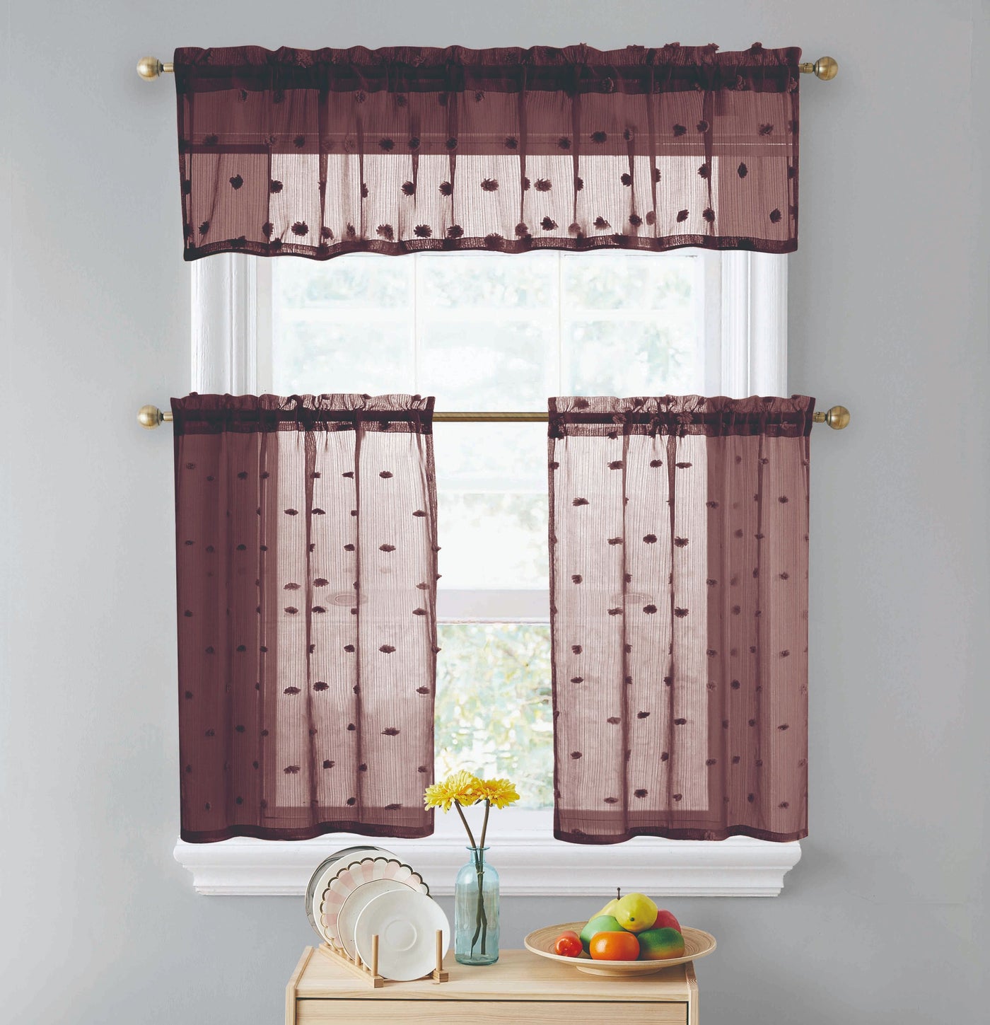 Pom Pom Sheer Kitchen Curtains 36 Inch Length Rod Pocket Light Filtering 3 Piece Set | Jenin Home Furnishing.