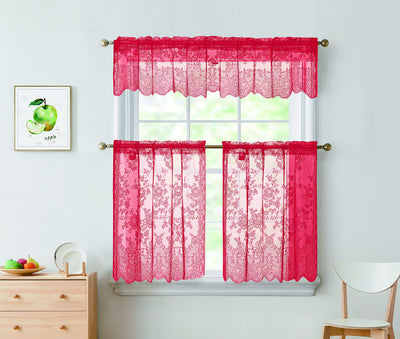 3pc Alison Sheer Flower Floral Lace Rod Pocket Curtain Panel Window Treatment Set - Jenin-Home-Furnishing.CURTAINS