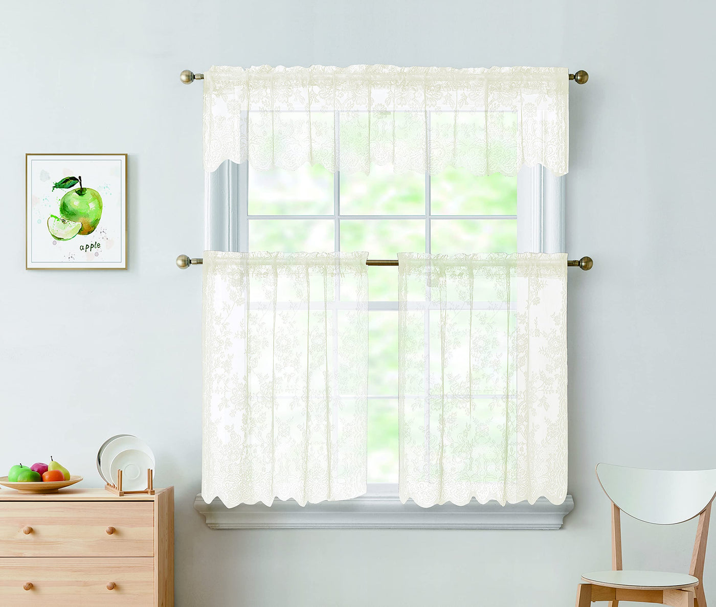 3pc Alison Sheer Flower Floral Lace Rod Pocket Curtain Panel Window Treatment Set - Jenin-Home-Furnishing.CURTAINS