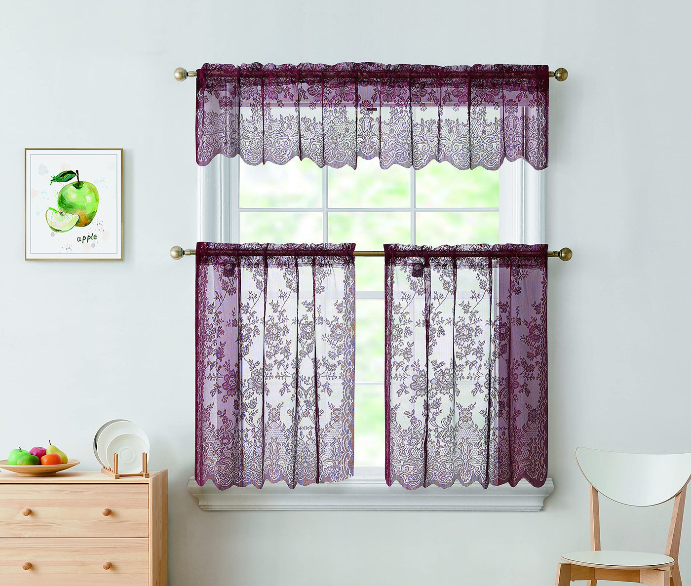 3pc Alison Sheer Flower Floral Lace Rod Pocket Curtain Panel Window Treatment Set - Jenin-Home-Furnishing.CURTAINS