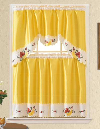 3pc Embroidered Rod Pocket Kitchen Curtain Light Filtering Tier and Valance