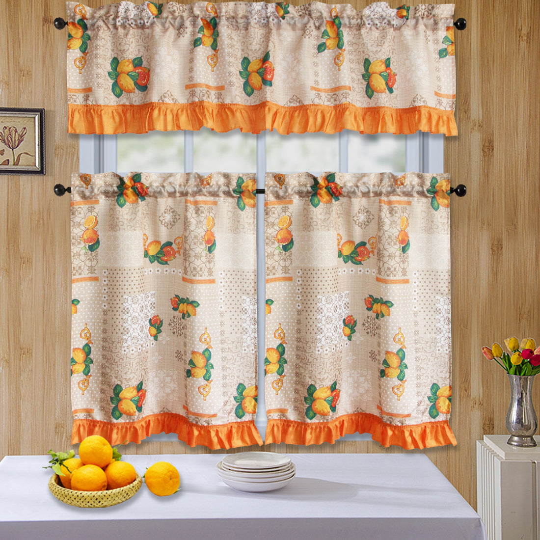 3pc Printed Rod Pocket Ruffled Kitchen Curtain Set - Jenin-Home-Furnishing.CURTAINS
