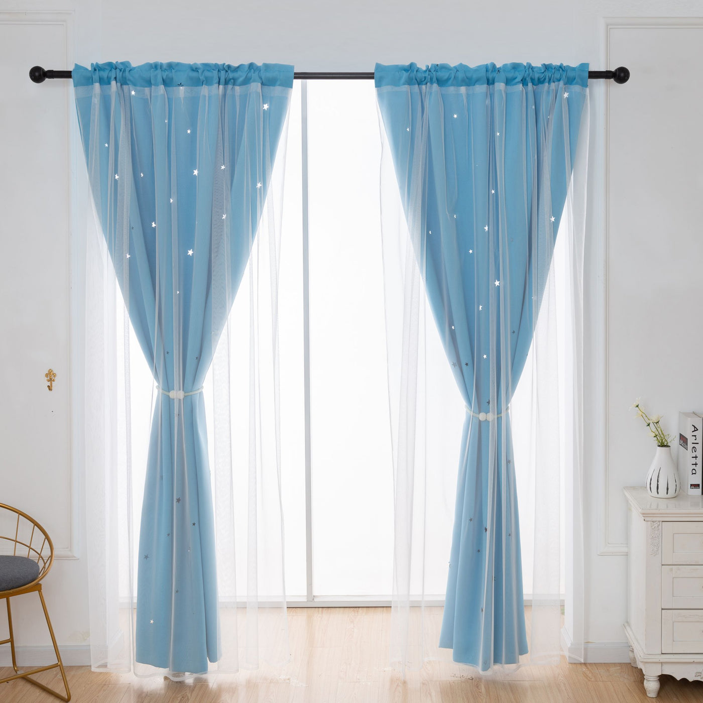 Stars Blackout Curtains Kids Bedroom Double Layer Star Cut Out Solid Window Curtains Rod Pocket