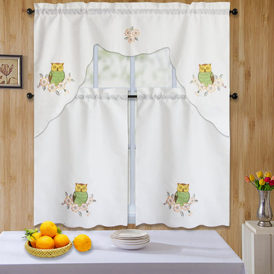 3pc Rod Pocket Embroidered Kitchen Curtain Set With Swag Valance Bathroom Window Curtains 36 Inch Length