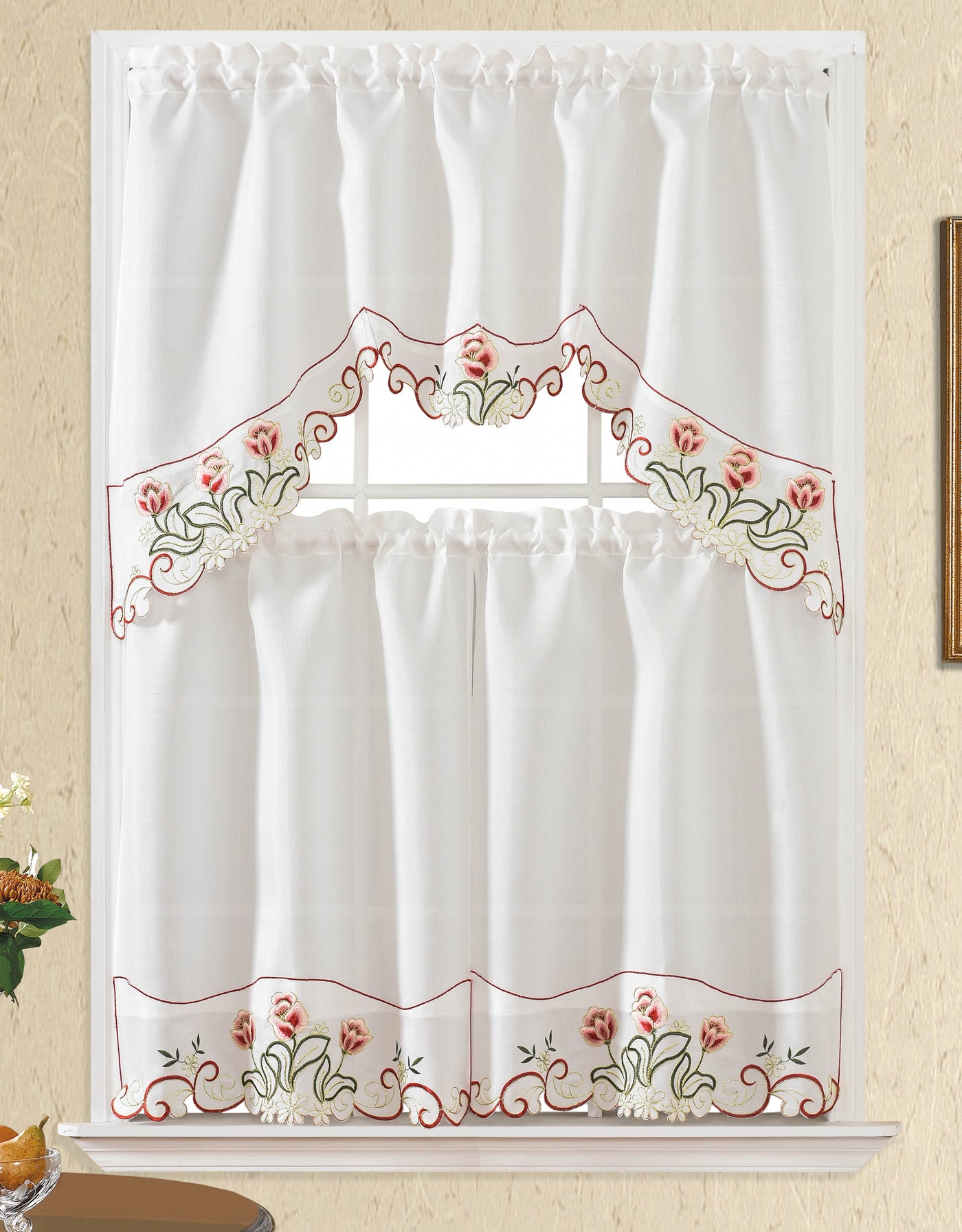 3pc Embroidered Rod Pocket Kitchen Curtain Light Filtering Tier and Valance | Jenin Home Furnishing.