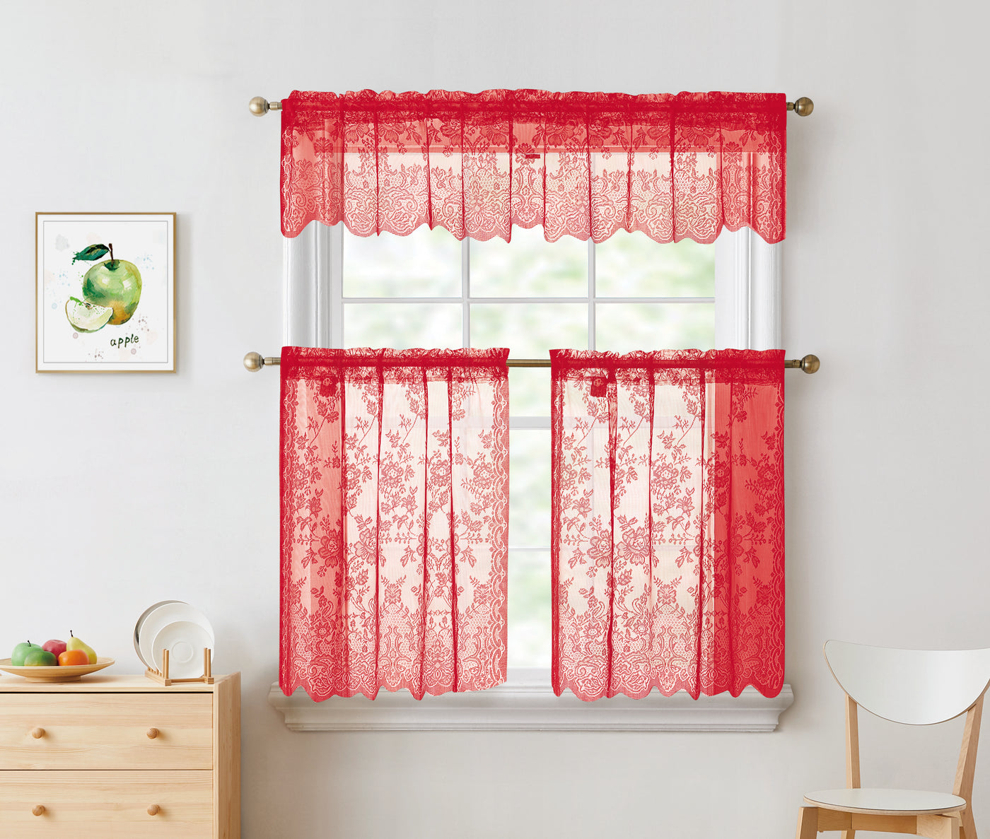 3pc Alison Sheer Flower Floral Lace Rod Pocket Curtain Panel Window Treatment Set | Jenin Home Furnishing.